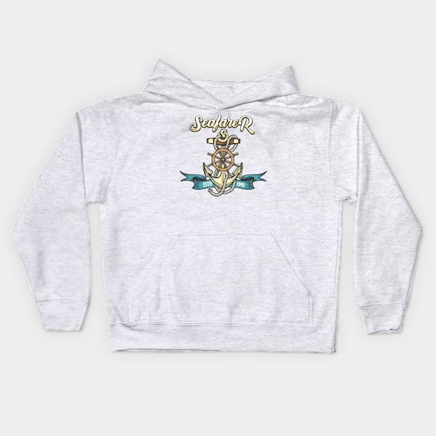 Seafarer Emblem in Tattoo style Kids Hoodie by devaleta